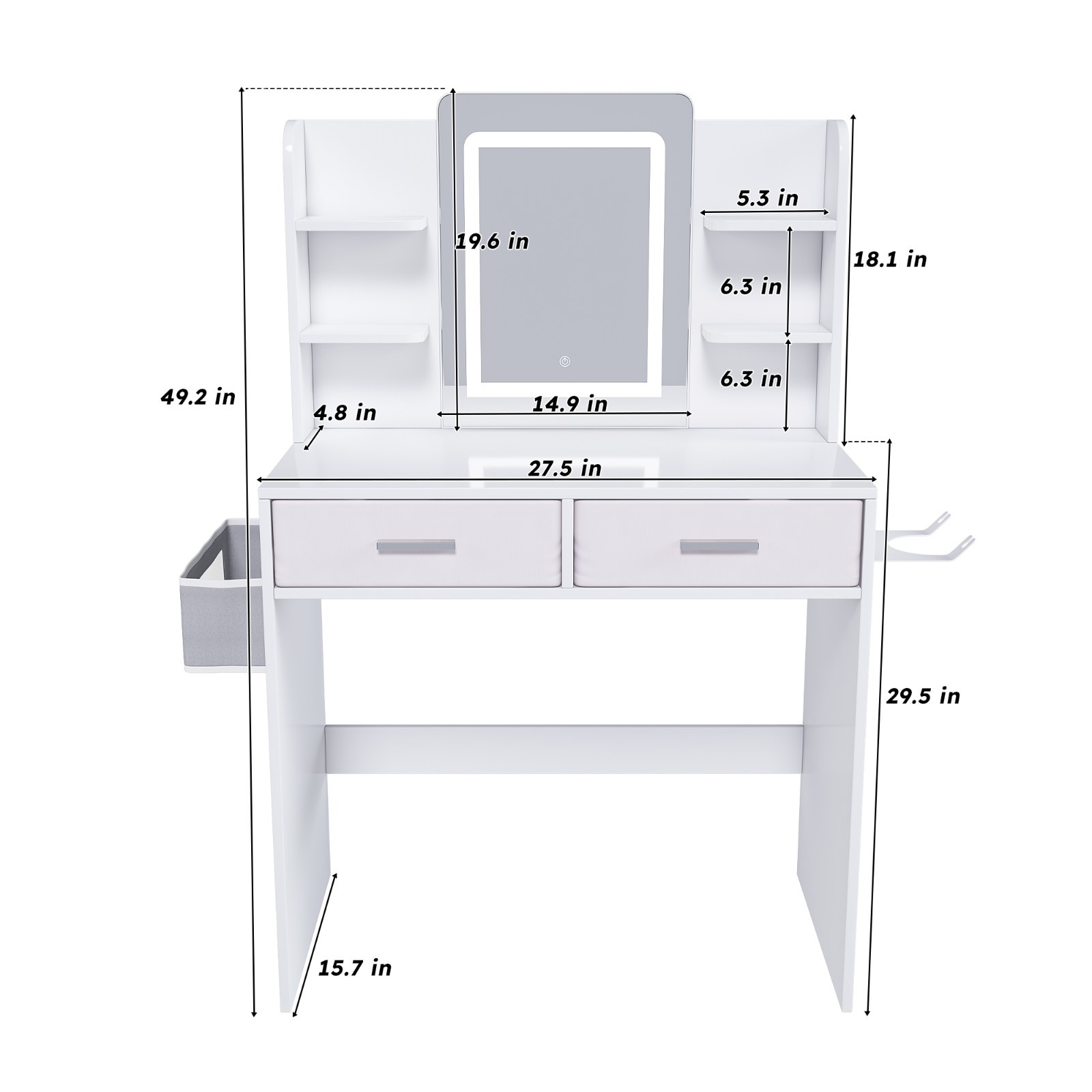 LED Mirror Vanity Dressing Table w/ Lights, 2 Large Drawers & Hair Dryer Stand