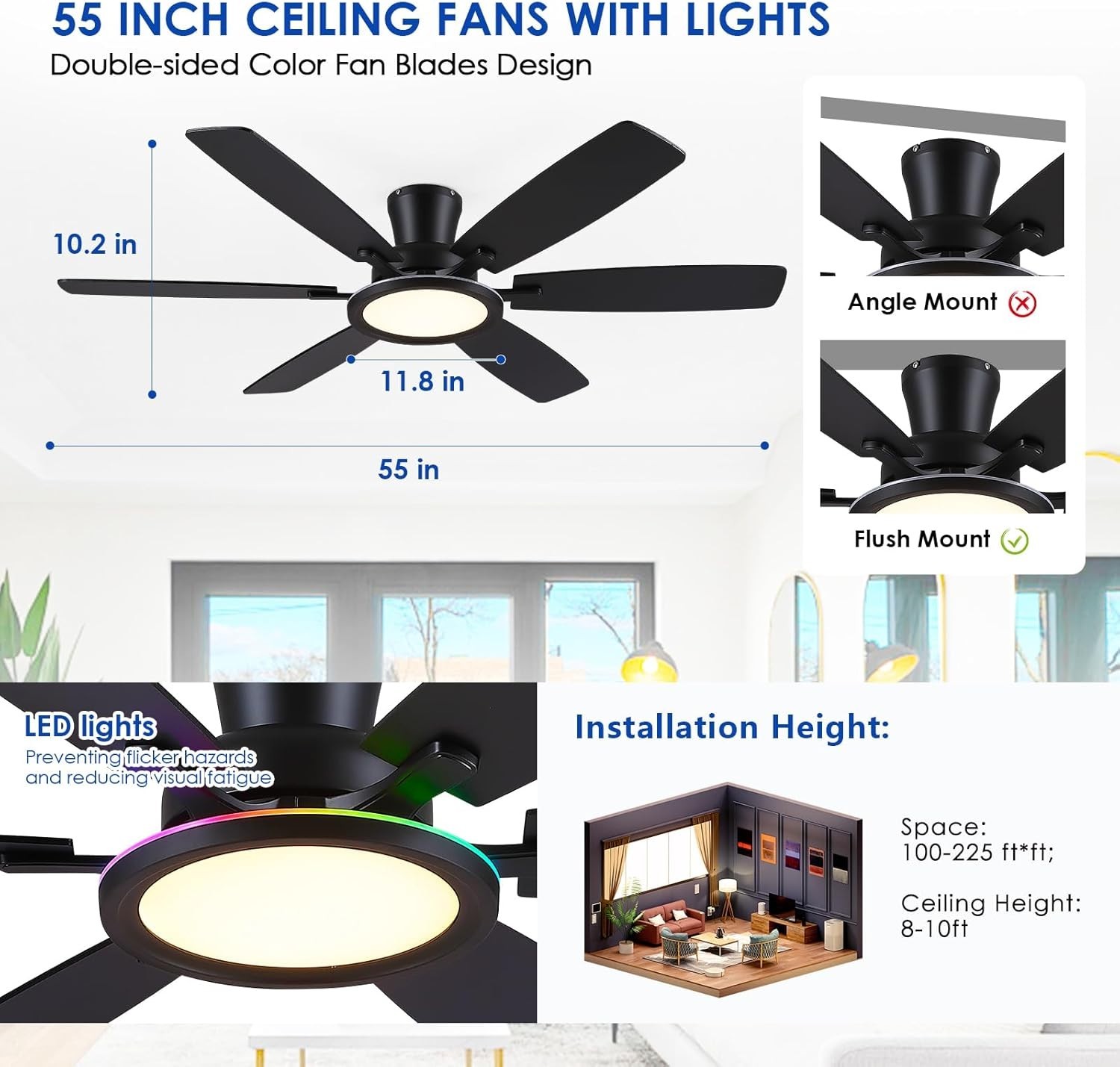 Kviflon 55in Flush Mount Ceiling Fan with RGB Light Low Profile Remote APP