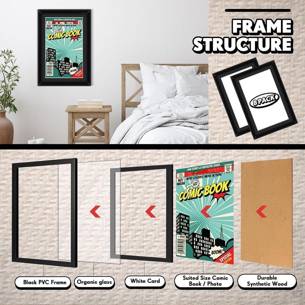 8 Pack Comic Book Frames, Black with White Mat, UV Protection, Wall or Tabletop