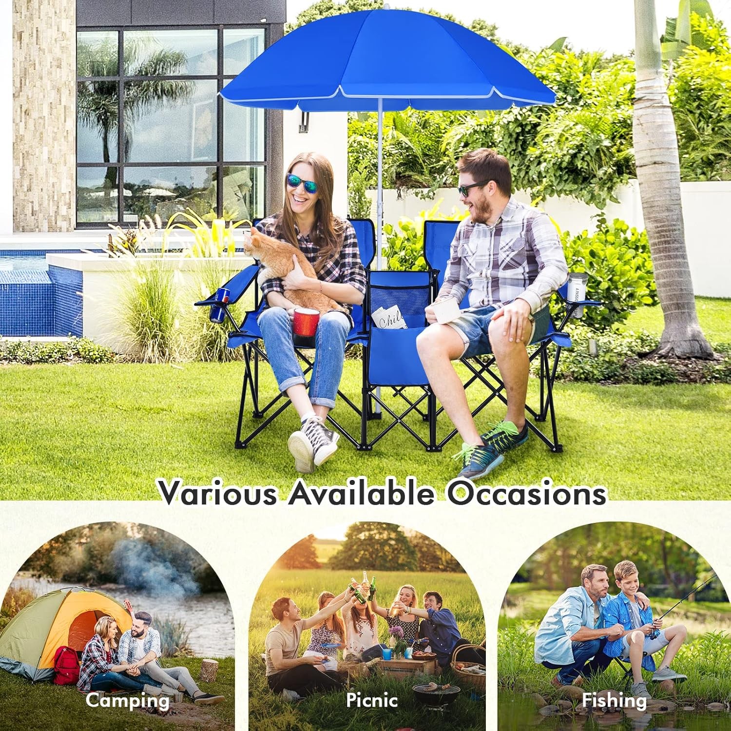 Folding Camping Outdoor Picnic Double Chair with Umbrella Table Cooler Beach New