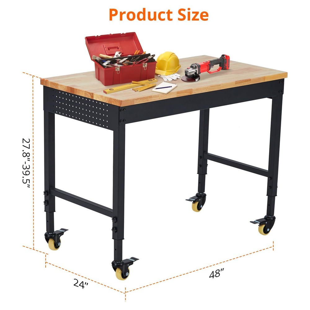 48" Adjustable Workbench ,Rubber Wood Work Table Garage w/Power Outlet & Wheels
