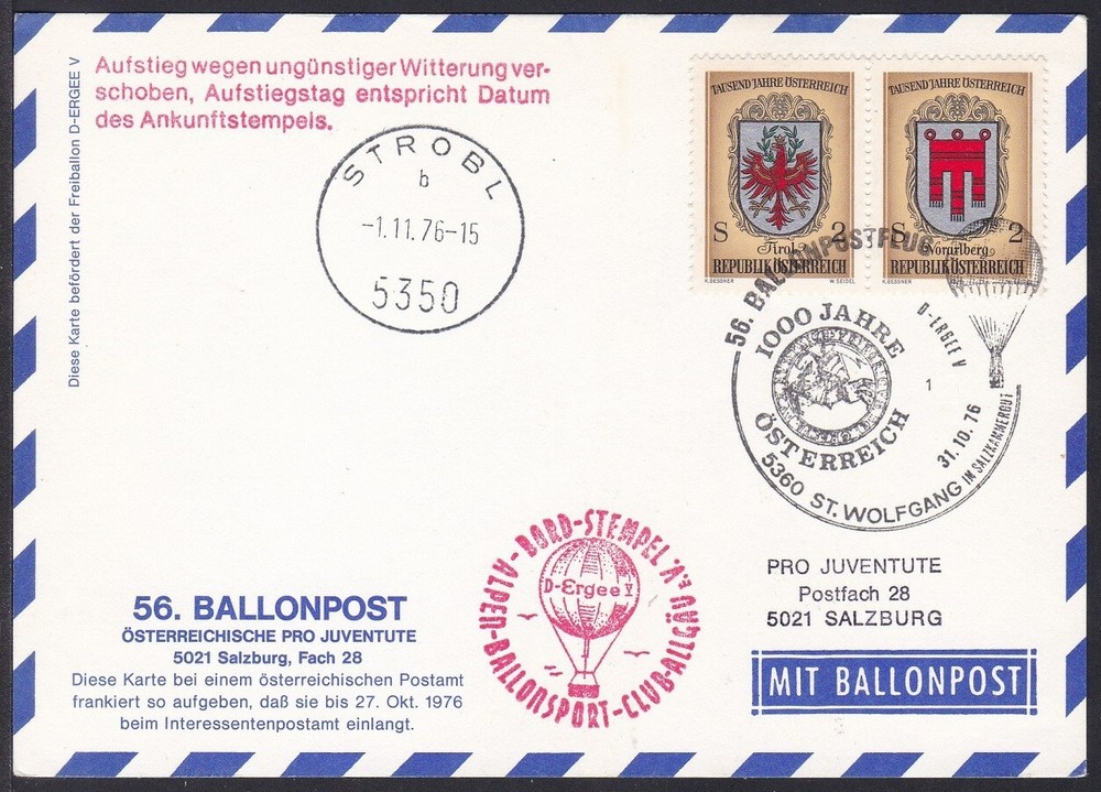 BPC0101 Balloon Post Card, Austria, St. Wolfgang - Strobl