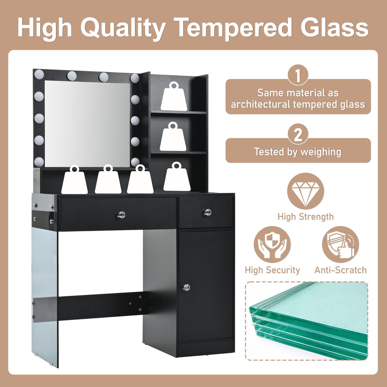 Vinsetto Vanity Desk with Mirror and 3 Lighting Modes, Black