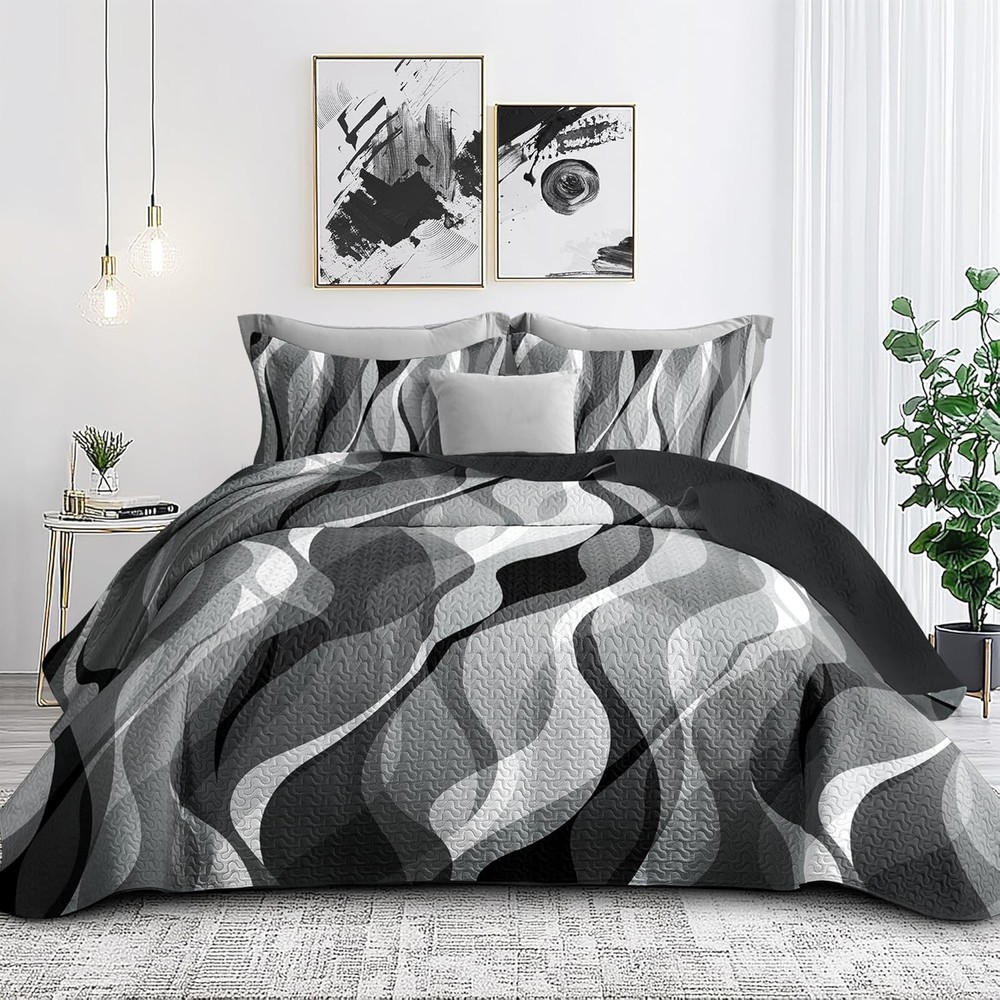 Classic Line Pattern Bedding Quilt King Size Modern Grey Red & Black Stripe