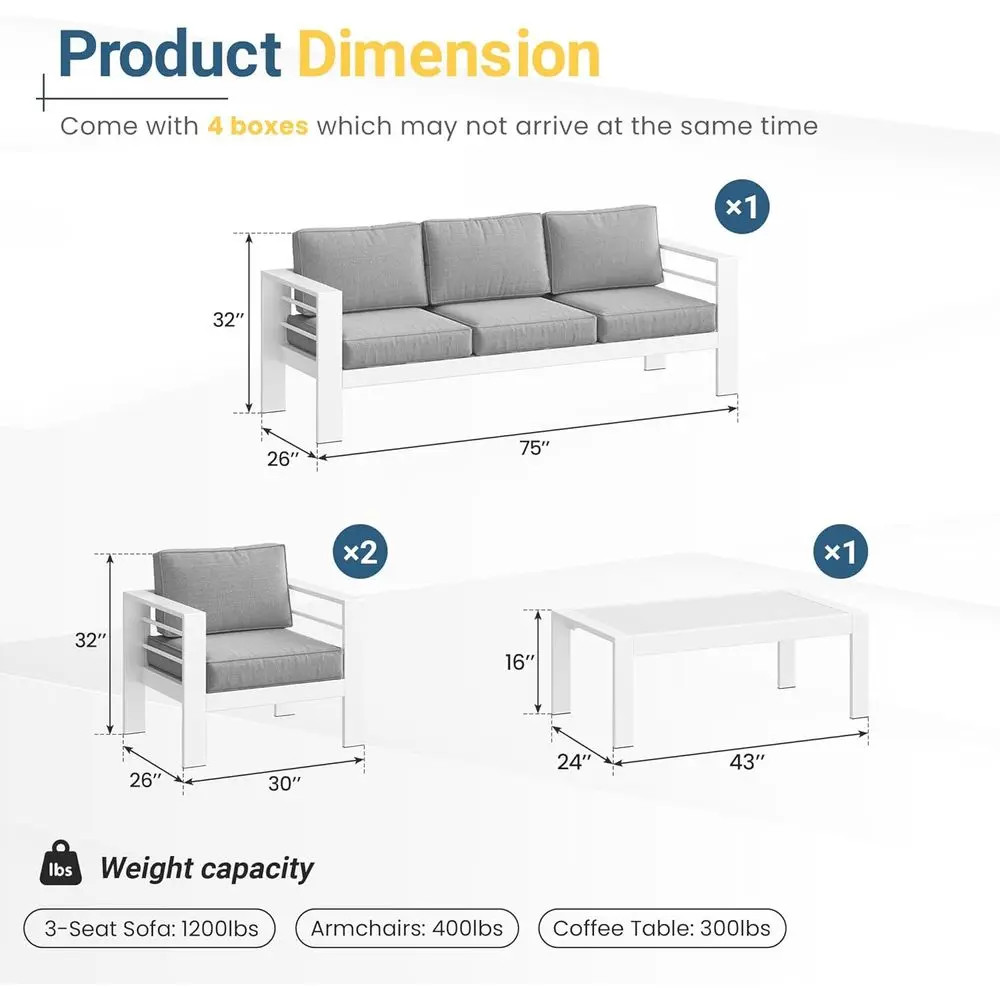 Luxury Oversized Metal Patio Furniture Set Deep Seating Wide Armrests White