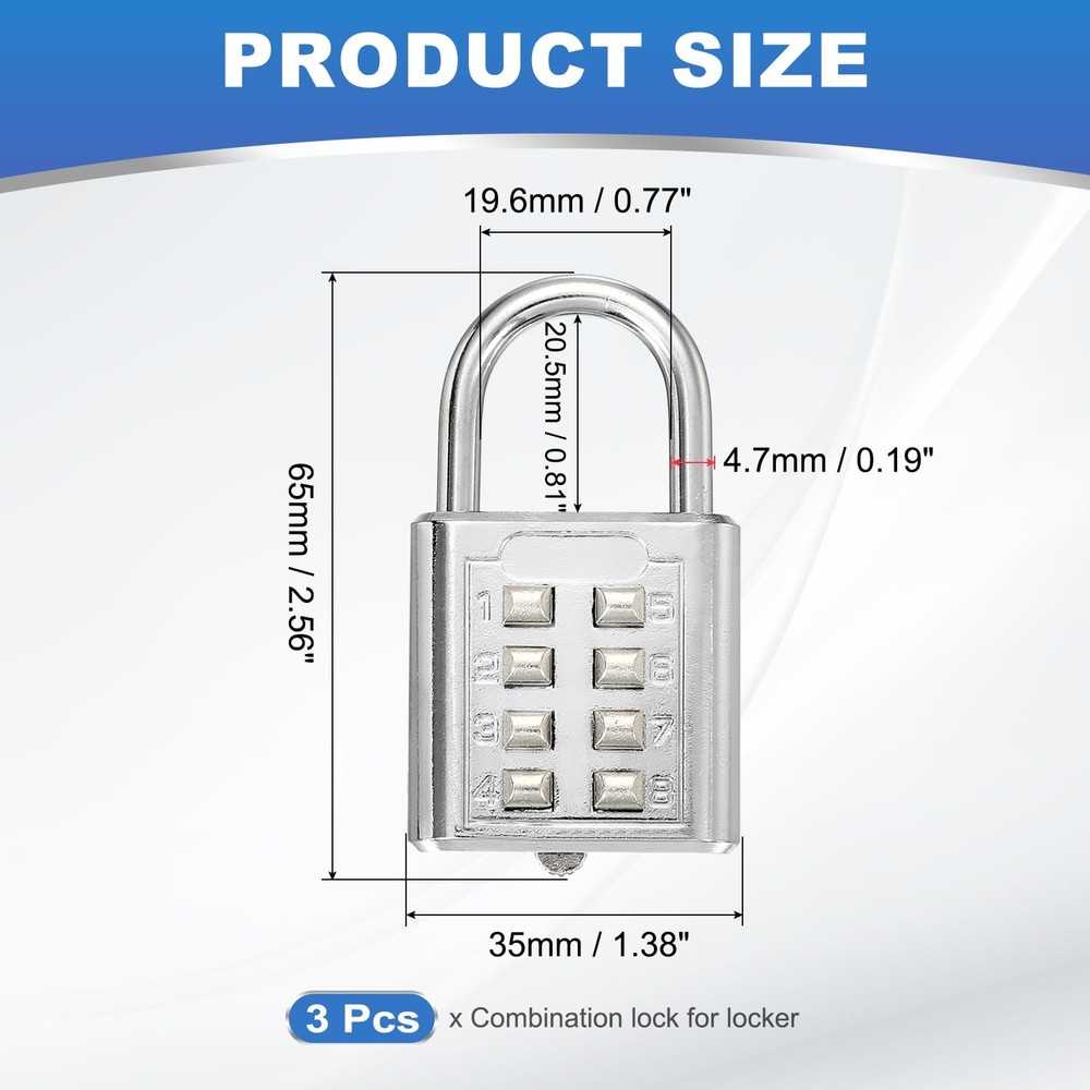 Combination Padlock, 8-Digit Push Button Padlock 4-Position Locking Mechanism...