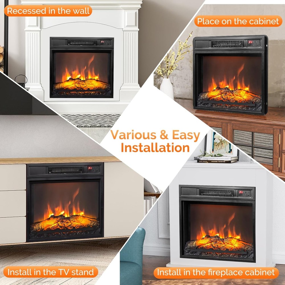 18" Embedded Electric Fireplace Insert Heater with 6 Colors Flame Effect, Remote