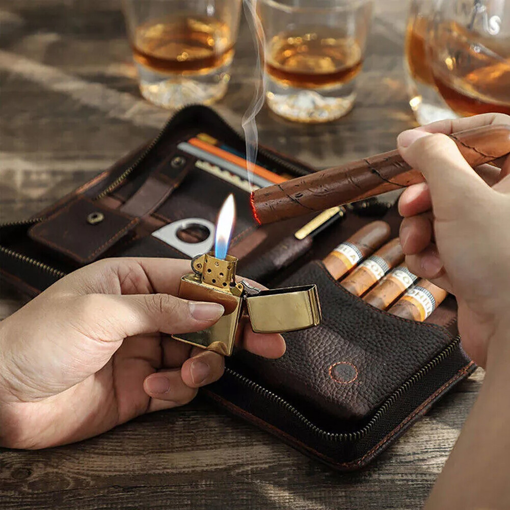 Genuine Leather Passport Cigar Case Travel Humidor Set Cutter Pocket box Brown