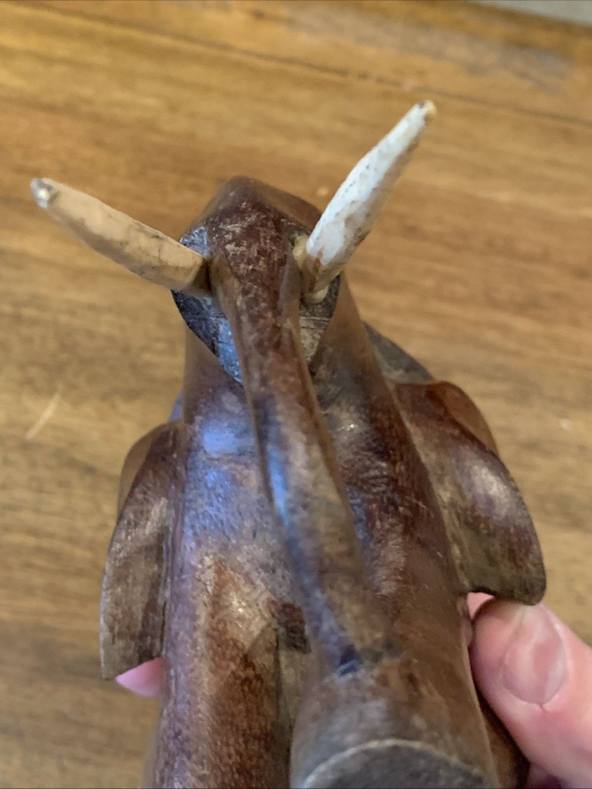 VINTAGE LARGE AFRICAN WOODEN ELEPHANT SCULPTURE Hand Carved ORIGINAL TUSKS