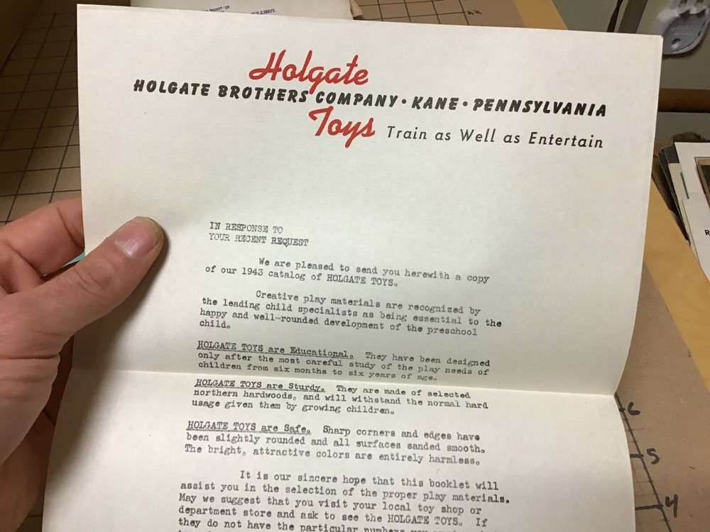 SCARCE Original TOY CATALOG - request letter response -- HOLGATE 1943