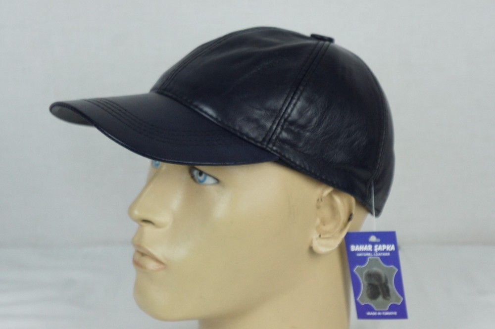 NAVY 100% GENUINE LAMBSKIN LEATHER Baseball Cap Hat Biker Visor Adjustable NWT