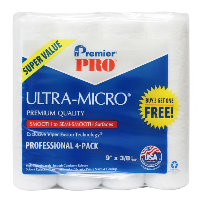 Premier Pro 4 Pack Ultra-Micro Paint Roller Covers - 9" x 3/8"