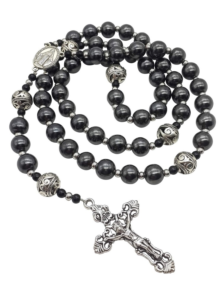 Hematite Rosary Black Stone Beads Metal Beaded Necklace Mary Miraculous Medal