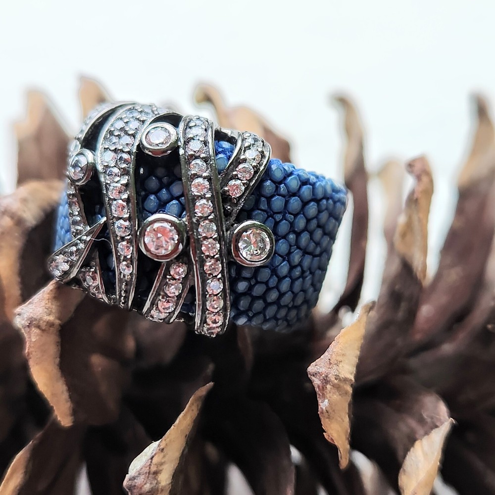 BLUE STINGRAY LEATHER, OXIDIZED STERLING SILVER, WTITE TOPAZ Adjustable Ring