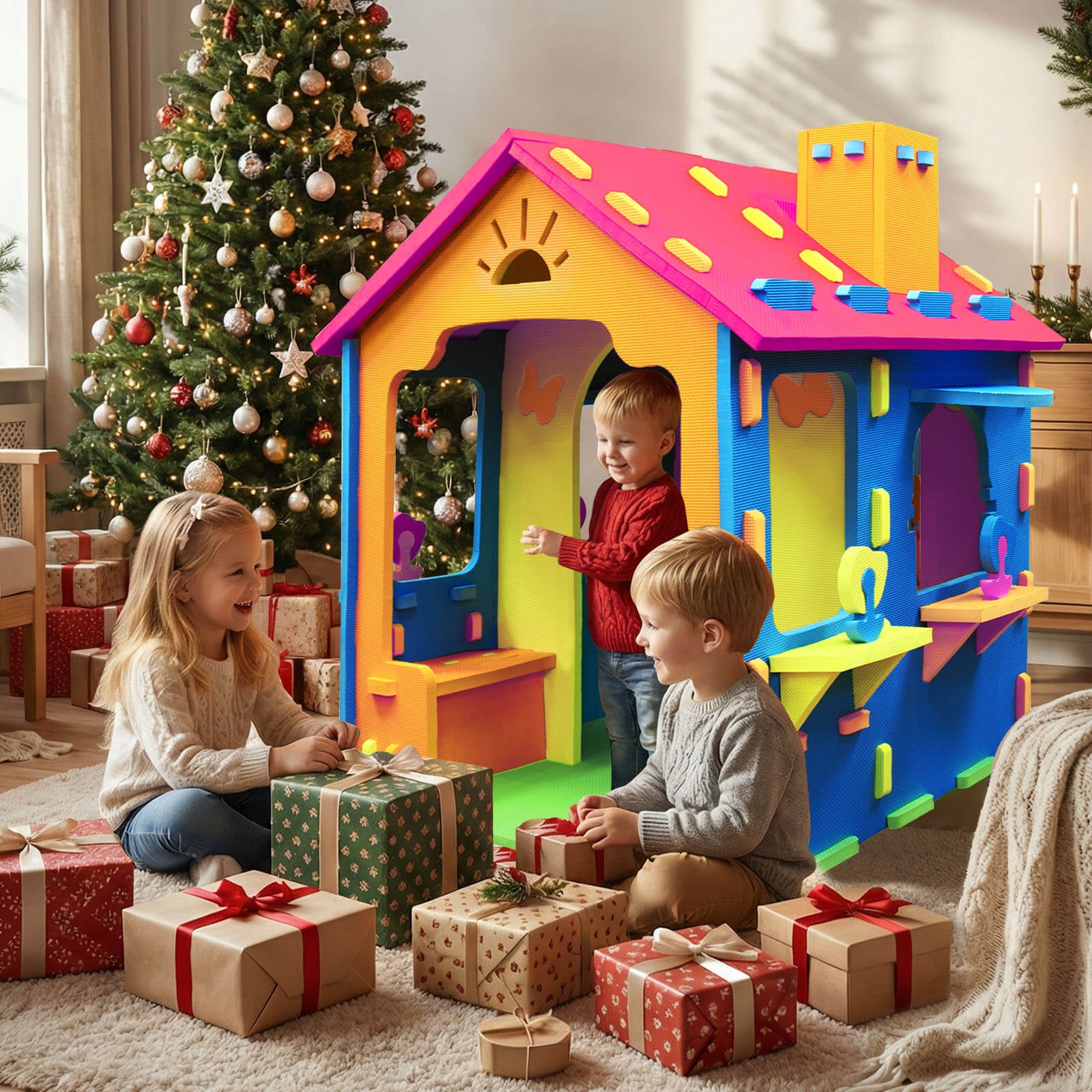 Kids EVA Foam Playhouse w/Roof, Chimney, Windows & Doorways for Creative Play