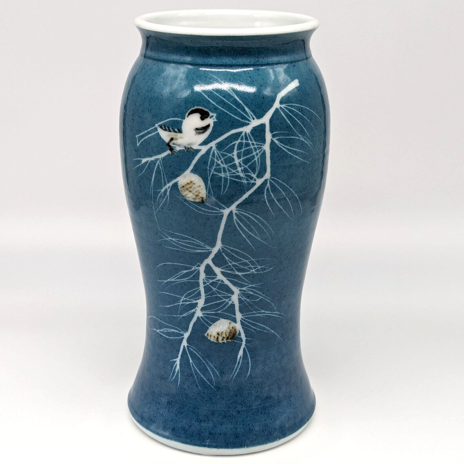 Chickadee Vase Pottery Bird Blue Pine Branches Georgetown Maine