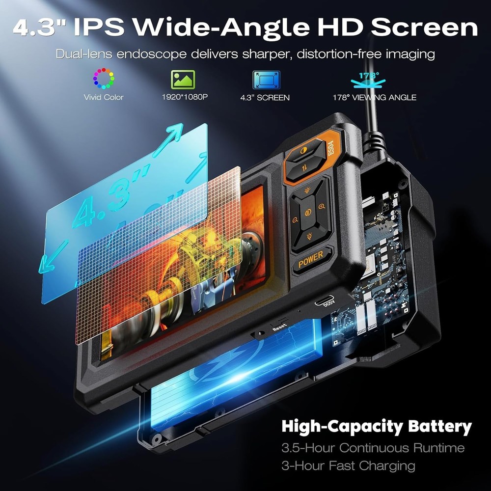 Dual Lens Borescope Camera, 4.3" HD IPS Screen