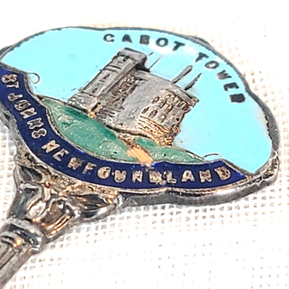 Exquisite EPNS Silverplated Enamel Spoon Cabot Tower St Johns Newfoundland Vtg