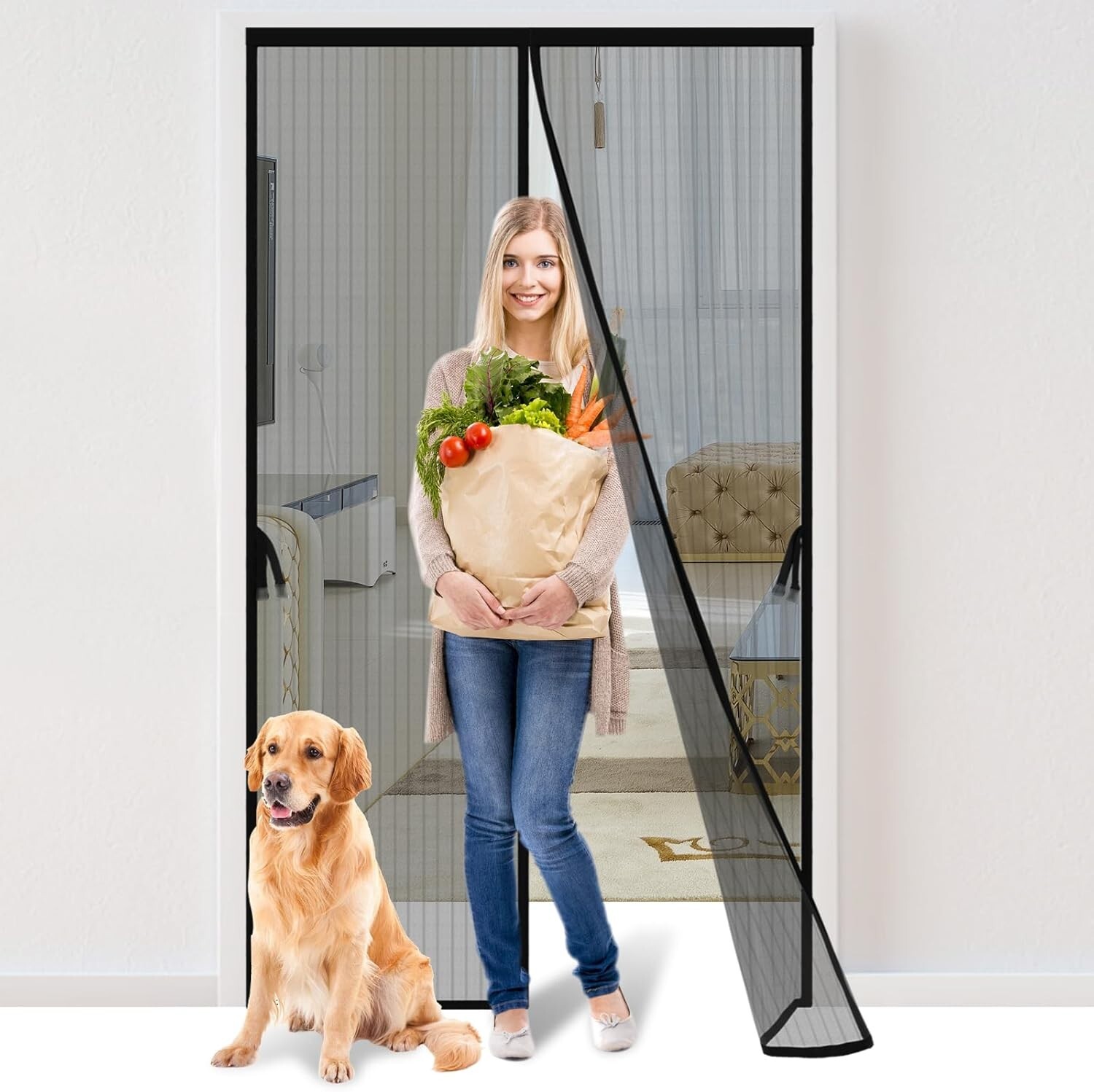 Magnetic Screen Door -Fit for Door Size: 30x80 Inch Keeps Bugs Out Pet Friendly