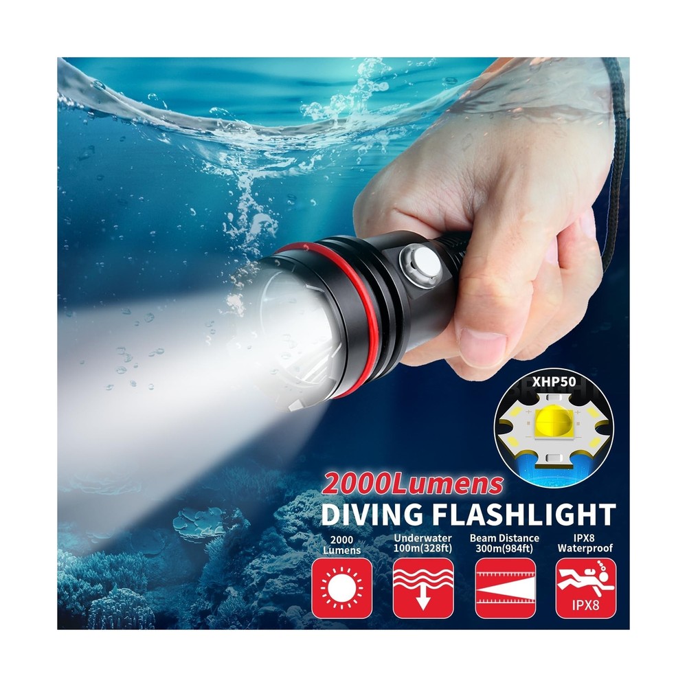 Diving Flashlight, 2000Lumens Dive Light,100m Underwater Flashlight,Dive Ligh...