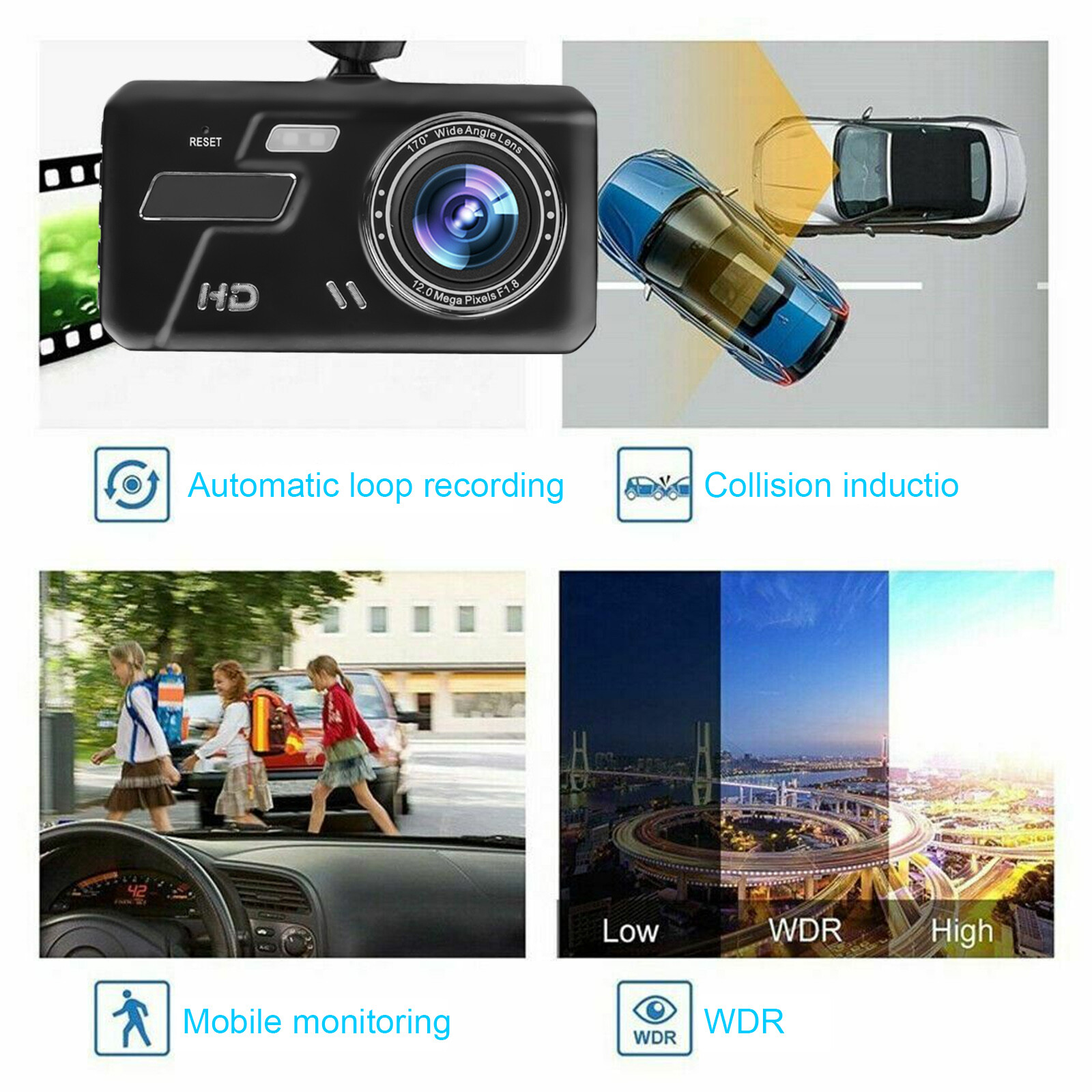 4" 1080P Screen Dash Cam Dual Lens Car DVR Recorder Front and Rear Camera