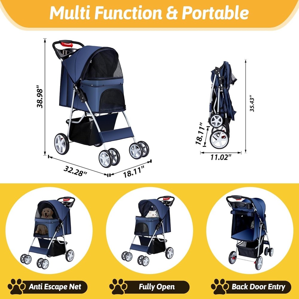Foldable Pet Stroller with Cup Holder & Storage