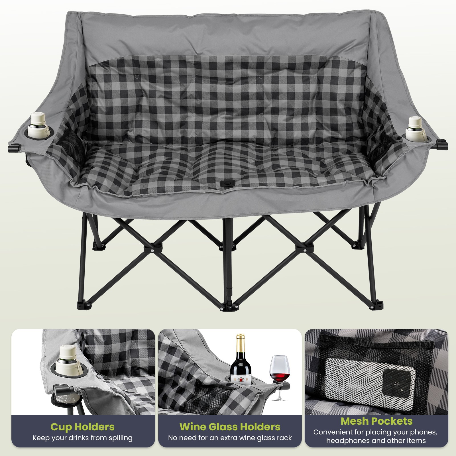 NAIZEA Double Camping Chair Oversized Loveseat 3" Thick Padded 2 Person Chairs