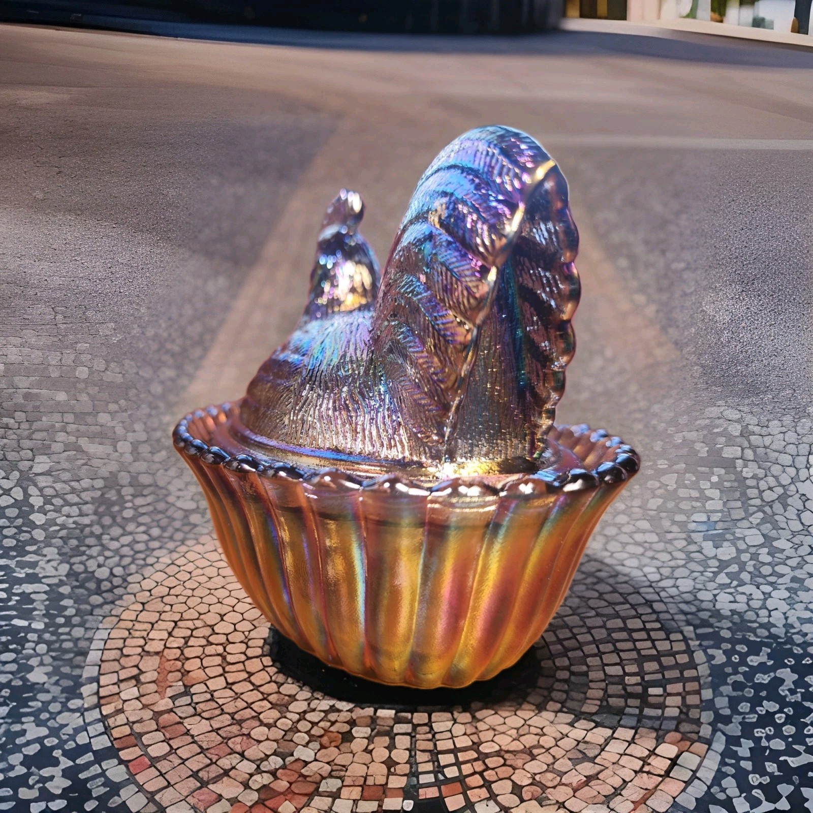 5" Rooster With Split Tail on a Ribbed Nest Titanium Carnival Westmoreland Mould