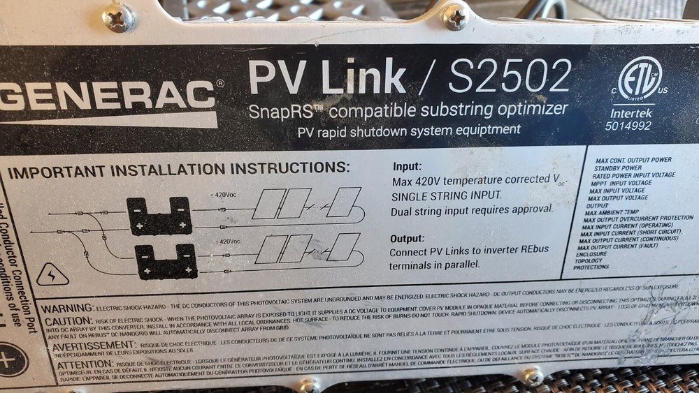 Generac PWRzone 2.5kW PV Link Substring Optimizers S2502 Used