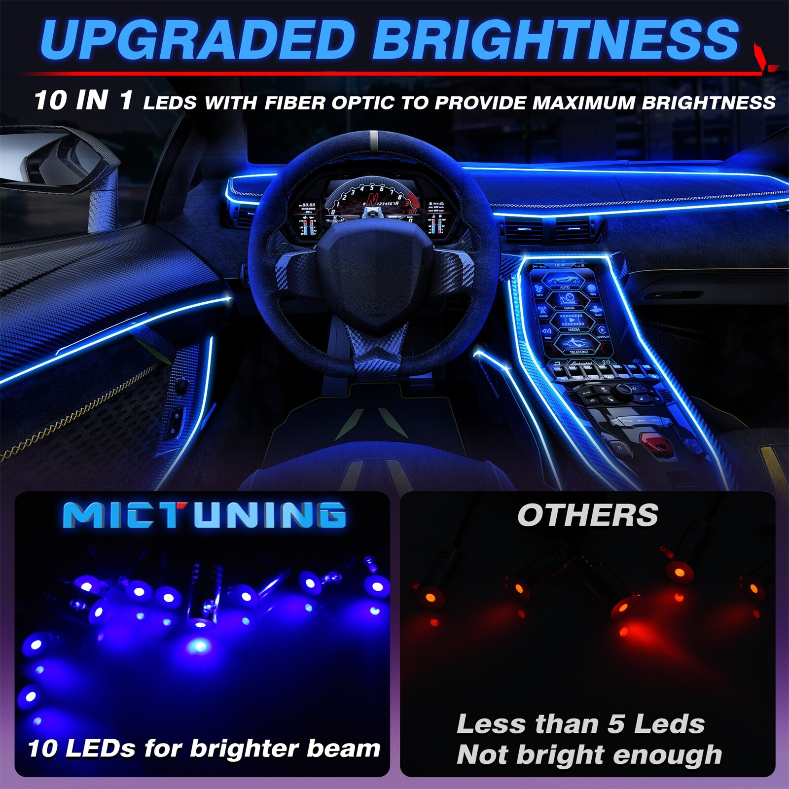 RGB 10-in-1 Interior Car LED Strip Light Neon Ambient Light Kit Fiber Optic Tube