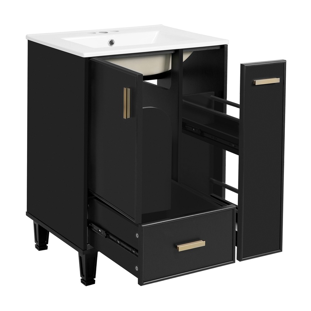 Bathroom Vanity with Ceramic Sink Solid Wood Frame Storage Cabinet Deep Drawer