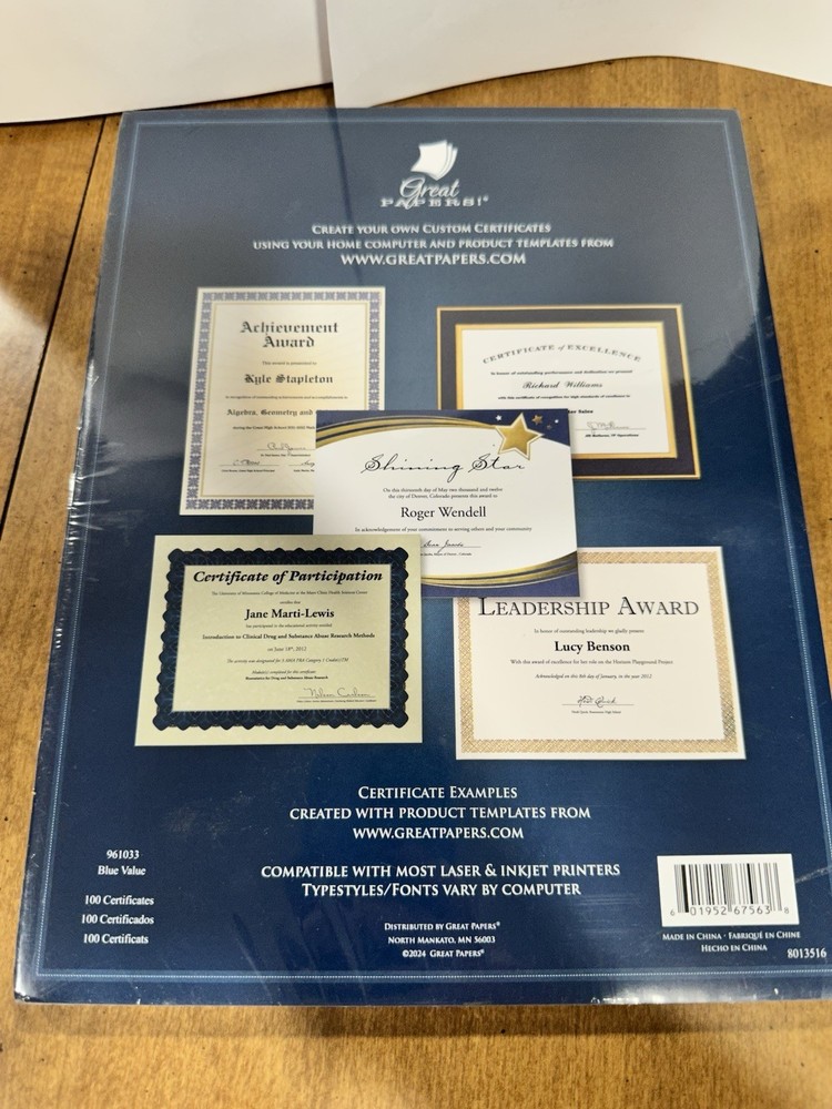 Blue Value 100 Count Certificate Paper