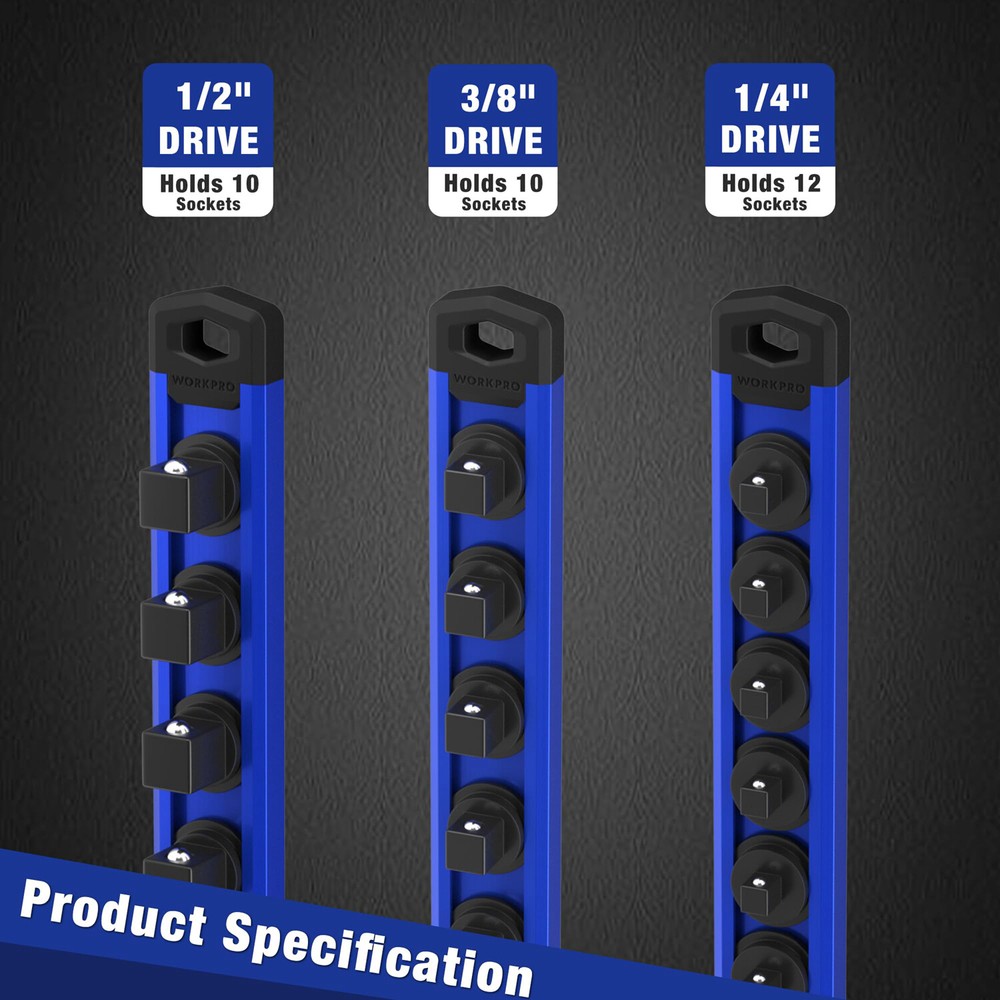 WORKPRO 1/2 Drive Magnetic Socket Organizer Heavy Duty Socket Rail Socket Holder