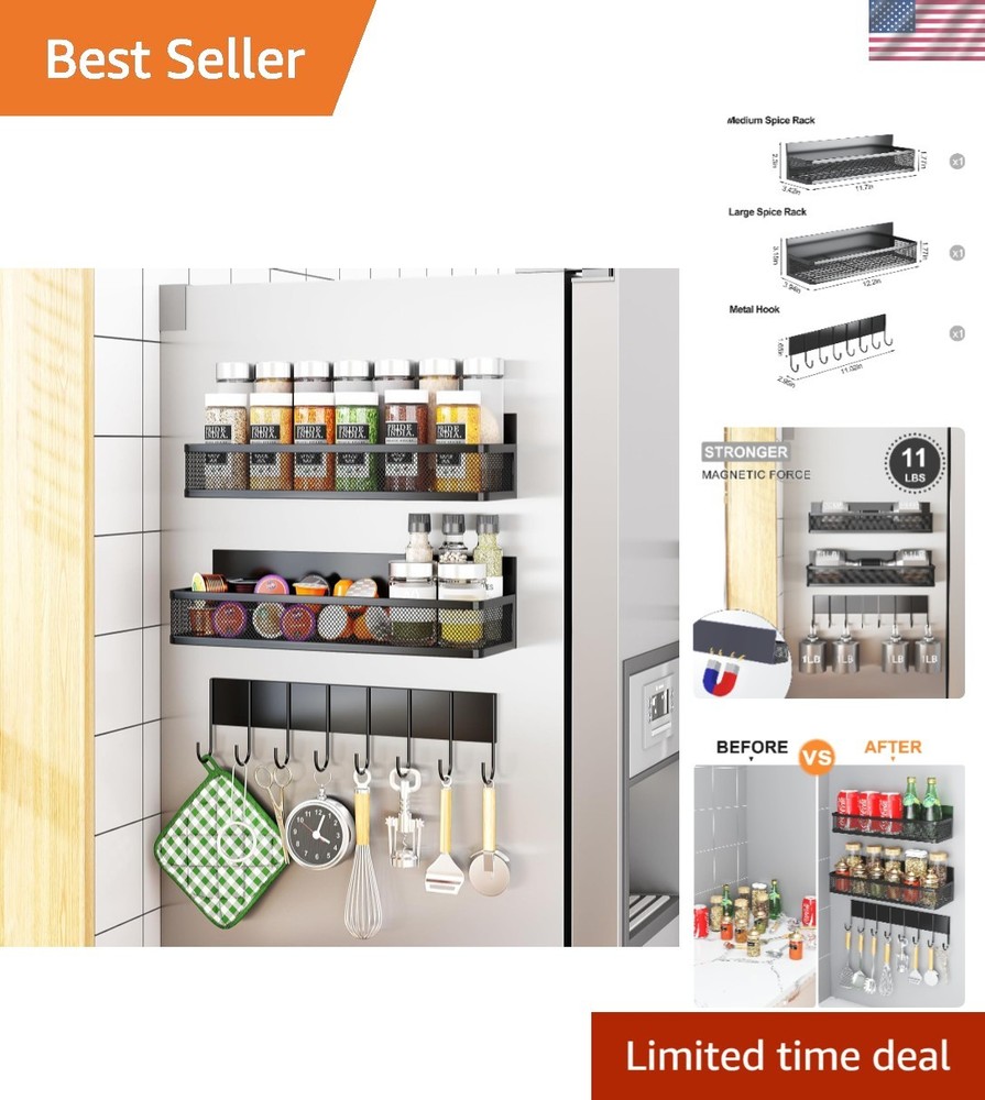 Multi-Use Magnetic Spice Rack with 8 Hooks - Perfect for Refrigerator Storage