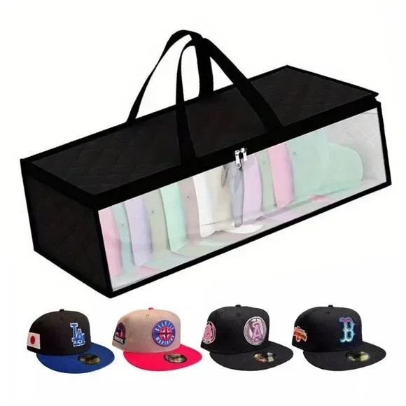 Hat Storage Dust Bag Baseball Hat Cap Organizer Clear Rack Zipper - BLACK