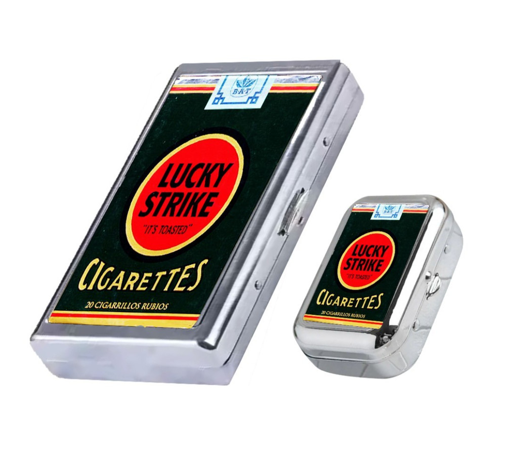 Cigarette case and ashtray set Lucky Strike advertisement Accessory