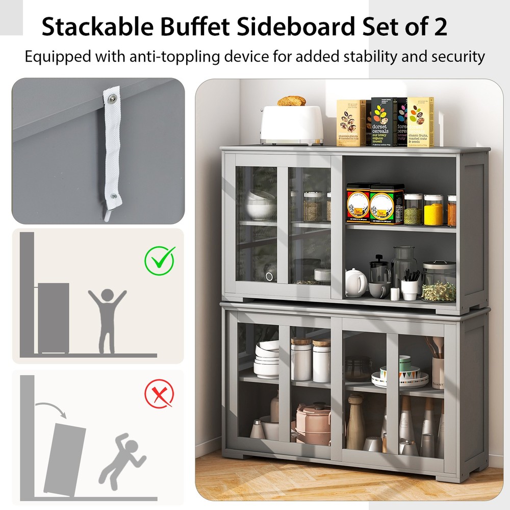 2PCS 2-Door Stackable Buffet Sideboard w/ Sliding Tempered Glass Doors Gray
