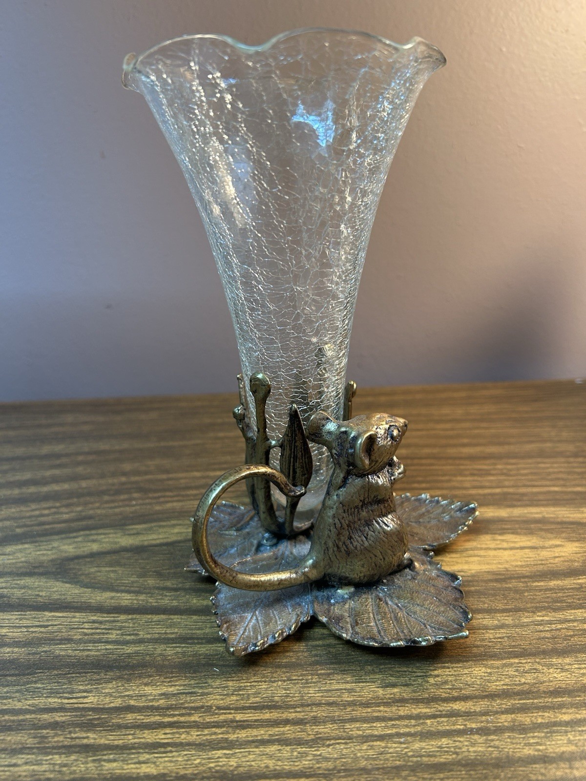 Vintage GATCO Solid Brass Mouse Bud Vase with Crackle Glass Insert