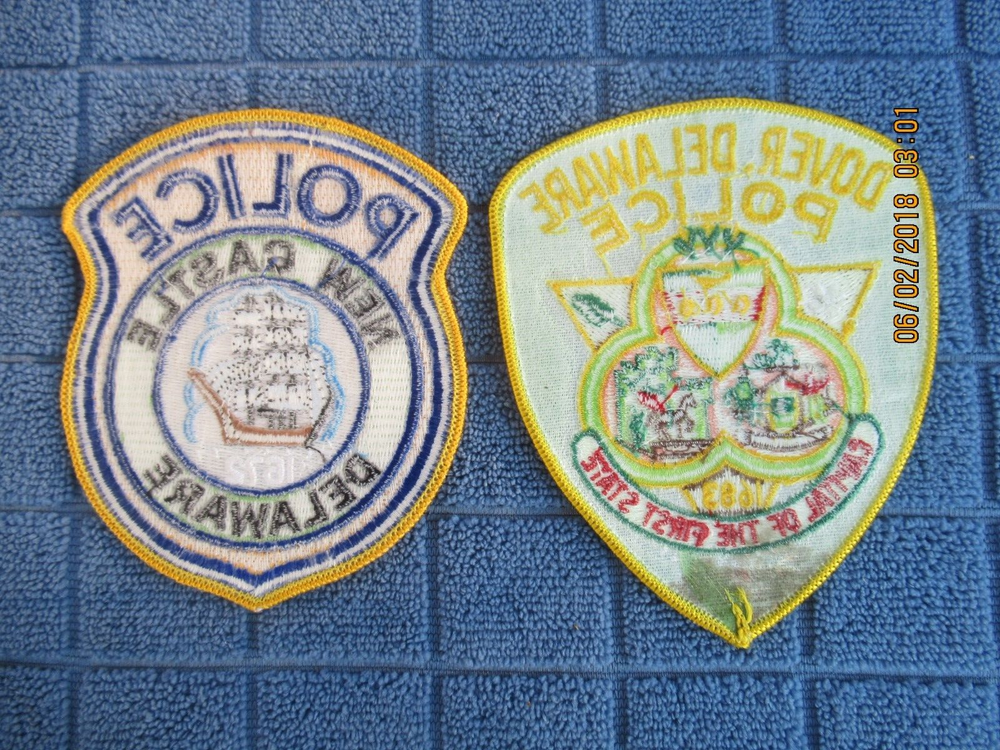 2 delaware police patchs for display only new castle/dover