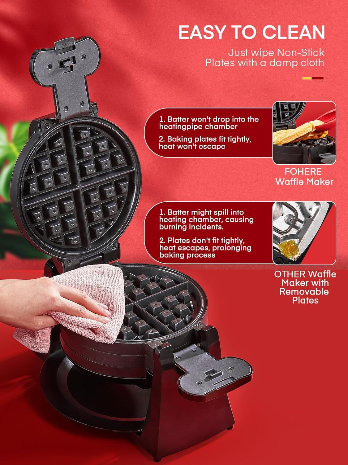 Commercial Hotel Double Belgian Waffle Maker Iron Rotating Baker Pan Machine US