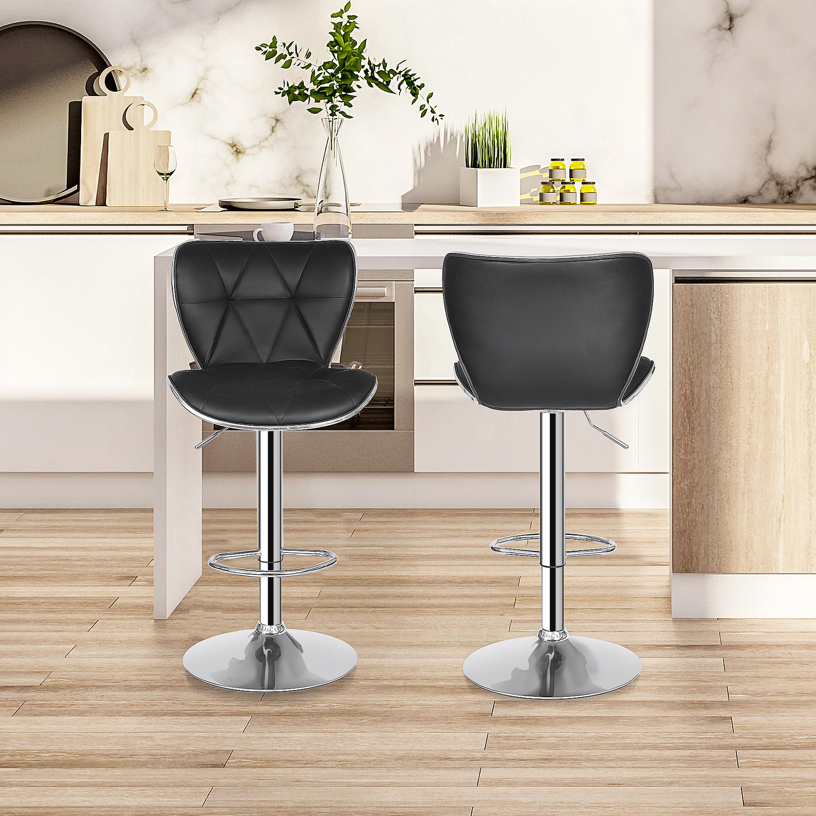Set of 4 Shell Back Bar Stools Adjustable Swivel PU Leather Stool with Back