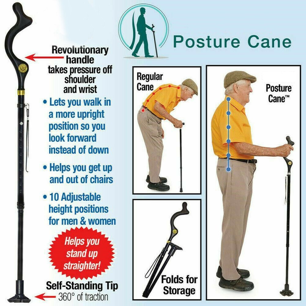 Folding Adjustable Walking Stick Cane 4 Head Pivoting Trusty Base Posture Cane