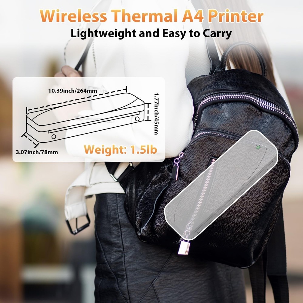 Portable Wireless Bluetooth Thermal Printer, 300DPI Inkless Travel Printer