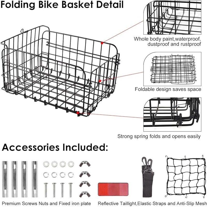 Foldable Rear Bike Basket Cargo Rack W/ Secure Strap Reflective Tail Light New