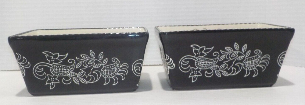 Lot 2 BAUM Small Rectangular LOAF Bakeware Dish Black White PAISLEY 6.5x4x3 *EUC