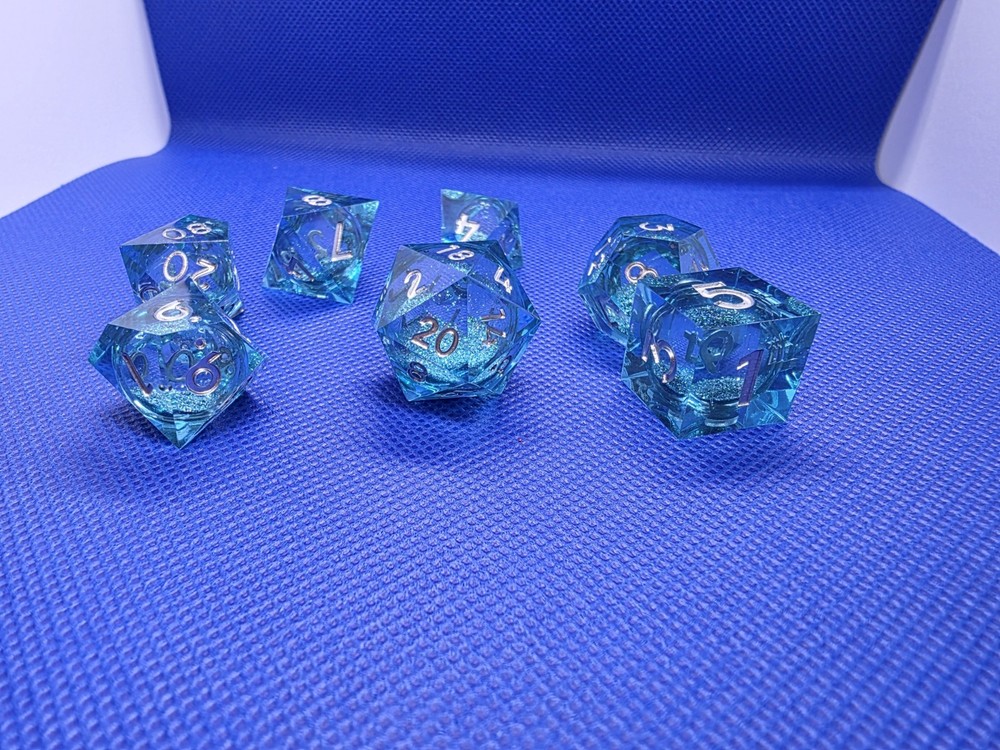 Crystal Blue Liquid Core Dice Set – 7pc Polyhedral Glitter Dice for DnD & TTRPGs