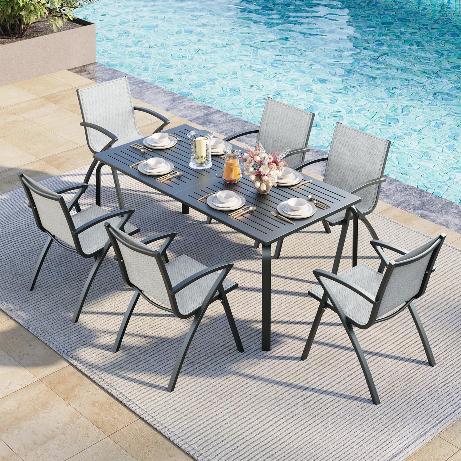 Outdoor Dining Table 71" Marine Grade Aluminum Umbrella Hole Rust Proof for Pool