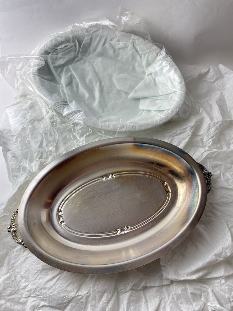 Vintage 2 Pcs Silver plate Covered Oval Serving Dish/Lid W/ Detailed Handles New