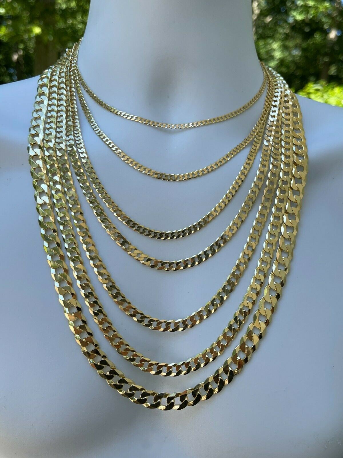 REAL Solid 925 Silver 14k Gold Plated Flat Cuban Link Chain Necklace 3mm - 11mm