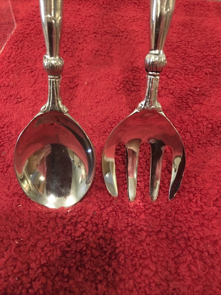 Salad Serving Set Spoon & Fork Silver Plated Raised Scroll Beaded Vintage